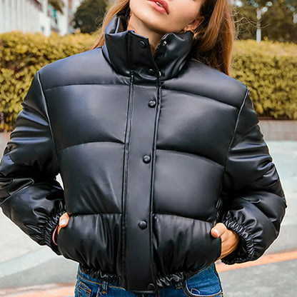 LVSANW Jocoo Jolee Winter Thick Warm Cropped Puffer Jacket Women Black PU Leather Parkas Elegant Zipper Coat Cotton Padded Punk Outwear