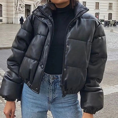 LVSANW Jocoo Jolee Winter Thick Warm Cropped Puffer Jacket Women Black PU Leather Parkas Elegant Zipper Coat Cotton Padded Punk Outwear