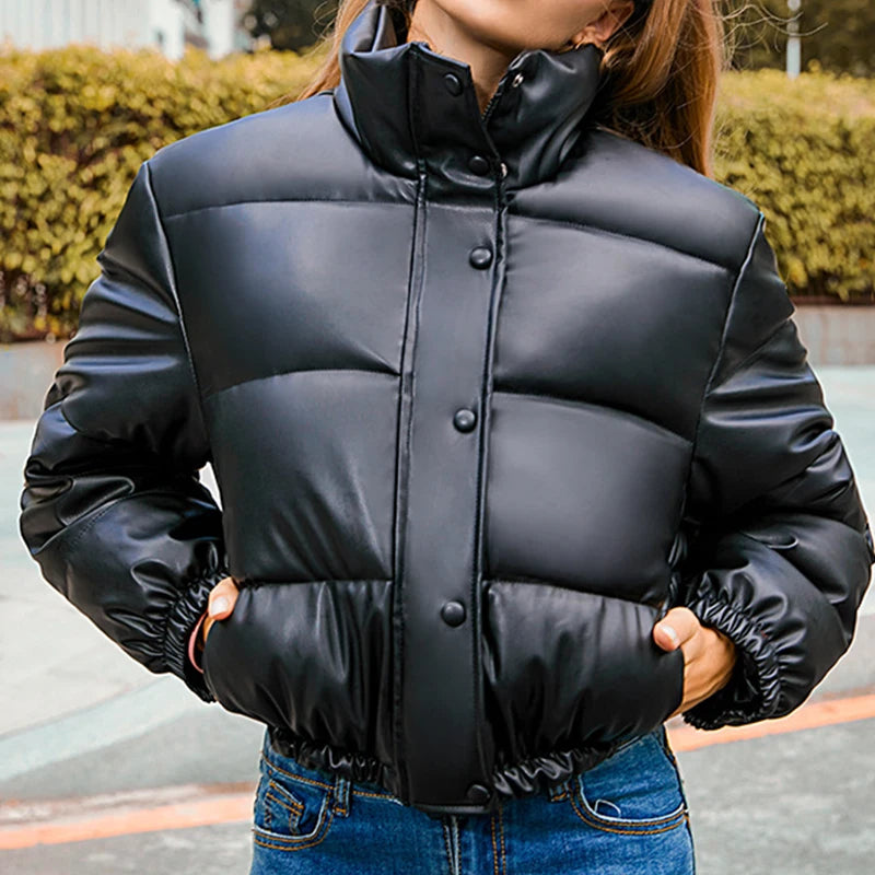 LVSANW Jocoo Jolee Winter Thick Warm Cropped Puffer Jacket Women Black PU Leather Parkas Elegant Zipper Coat Cotton Padded Punk Outwear