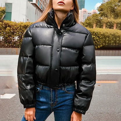 LVSANW Jocoo Jolee Winter Thick Warm Cropped Puffer Jacket Women Black PU Leather Parkas Elegant Zipper Coat Cotton Padded Punk Outwear