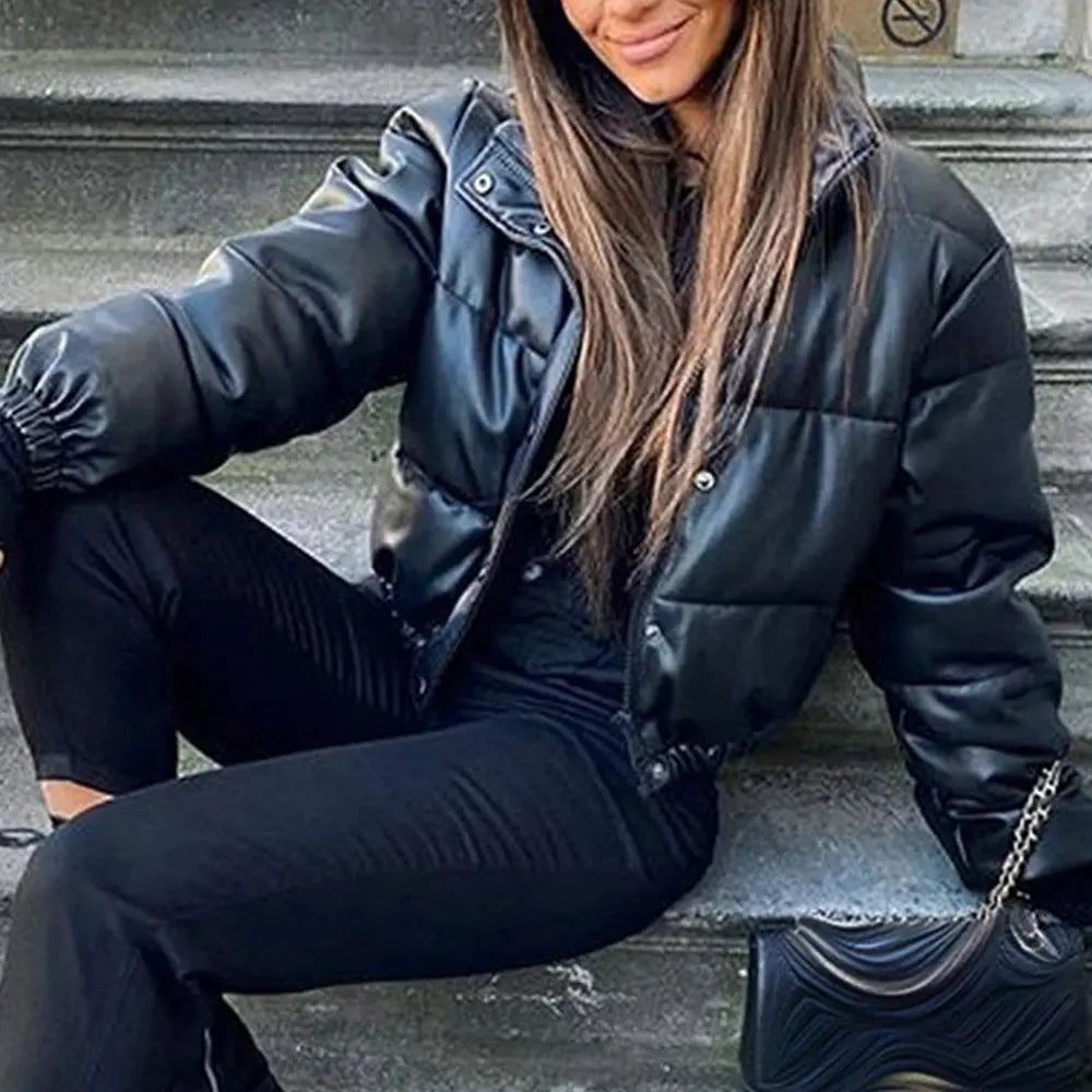 LVSANW Jocoo Jolee Winter Thick Warm Cropped Puffer Jacket Women Black PU Leather Parkas Elegant Zipper Coat Cotton Padded Punk Outwear