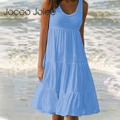 LVSANW Jocoo Jolee Women Causual O Neck Sleeveless Ruffles Mini Dress Boho Solid Beach Sundress Oversized Loose Dress 2024 Summer