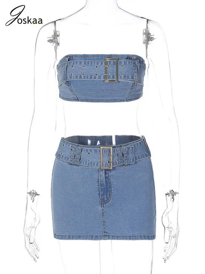 LVSANW Joskaa Blue Denim Two Piece Set Women Sexy Tube Tops and Mini Skirt Matching Autumn 2024 Harajuku Streetwear Night Club Outfits