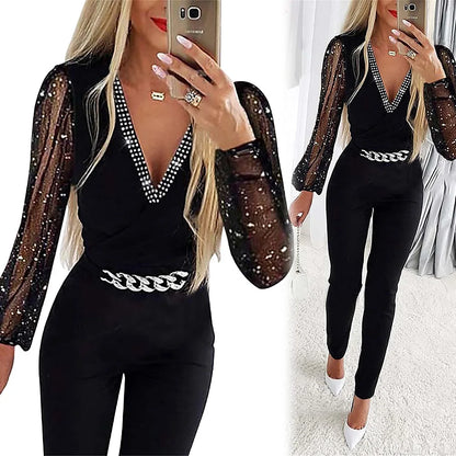 LVSANW Jumpsuits Women One Piece V Neck Full Sleeve Tight High Waist Overalls Casual Sheath Long Pencil Pants Rompers Slim Fit