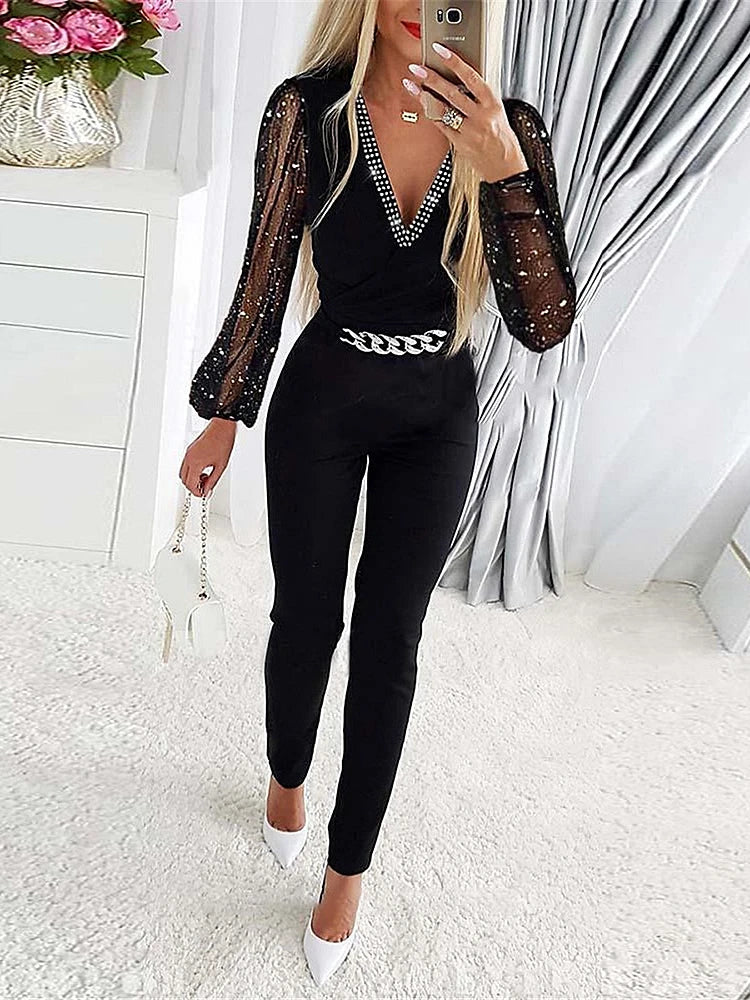 LVSANW Jumpsuits Women One Piece V Neck Full Sleeve Tight High Waist Overalls Casual Sheath Long Pencil Pants Rompers Slim Fit