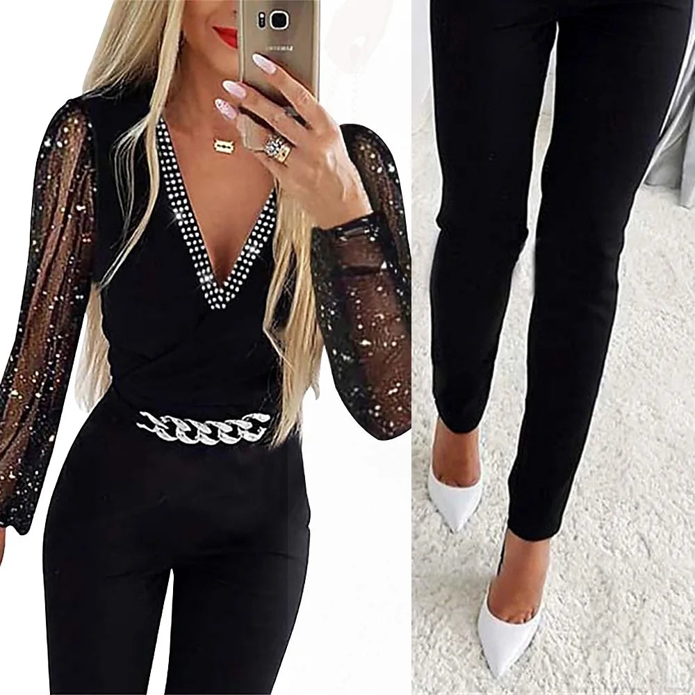 LVSANW Jumpsuits Women One Piece V Neck Full Sleeve Tight High Waist Overalls Casual Sheath Long Pencil Pants Rompers Slim Fit