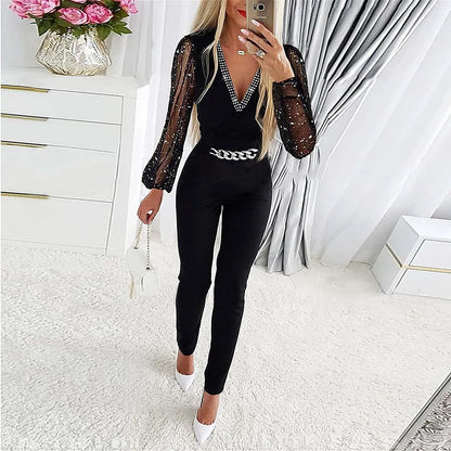 LVSANW Jumpsuits Women One Piece V Neck Full Sleeve Tight High Waist Overalls Casual Sheath Long Pencil Pants Rompers Slim Fit