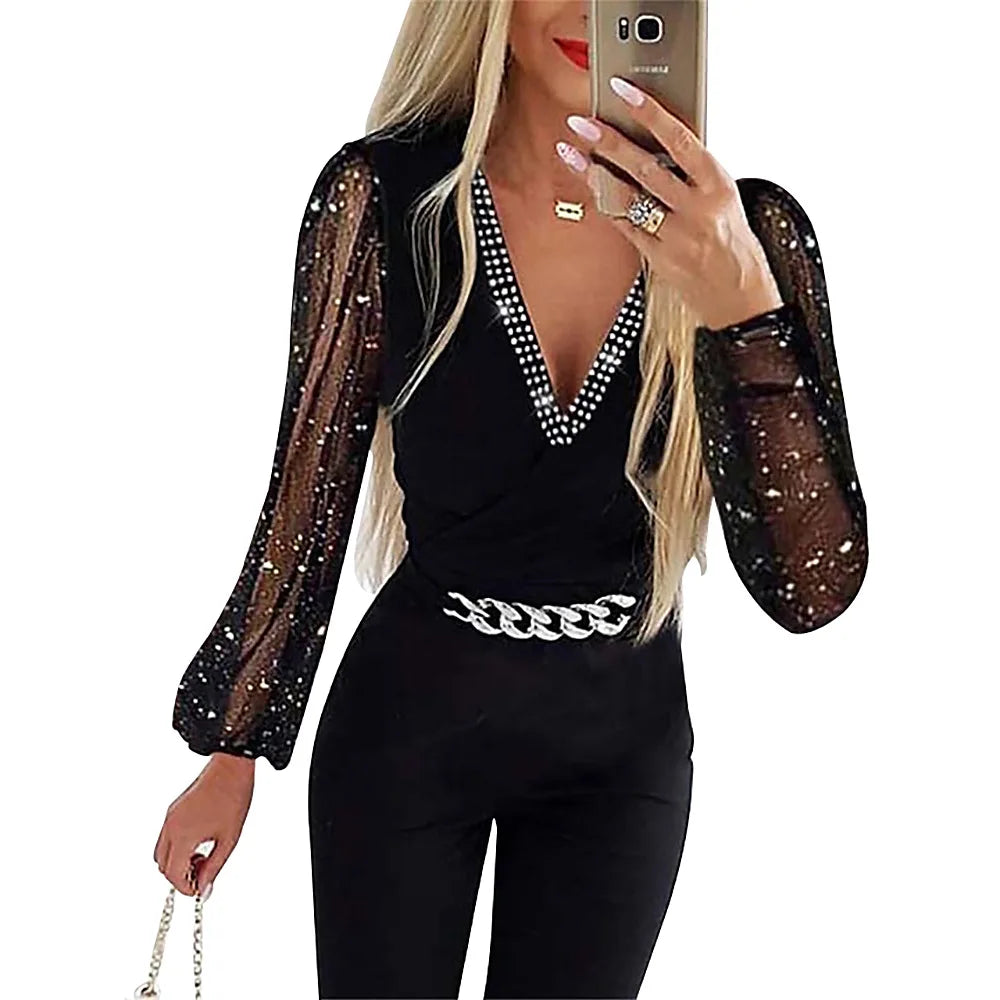 LVSANW Jumpsuits Women One Piece V Neck Full Sleeve Tight High Waist Overalls Casual Sheath Long Pencil Pants Rompers Slim Fit