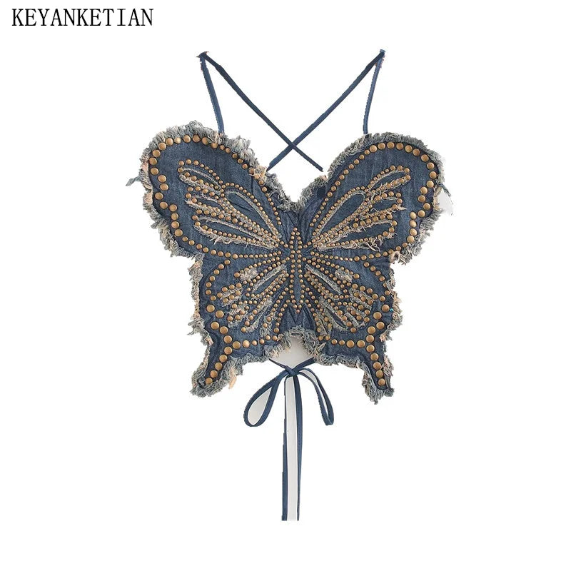 LVSANW KEYANKETIAN New Women's rivet Rough Decoration Butterfly Corset Y2K Spicy Girl Spaghetti Strap Backless Denim Vest Sexy Camisole