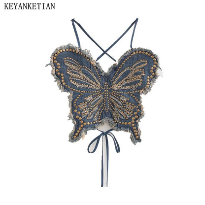 LVSANW KEYANKETIAN New Women's rivet Rough Decoration Butterfly Corset Y2K Spicy Girl Spaghetti Strap Backless Denim Vest Sexy Camisole