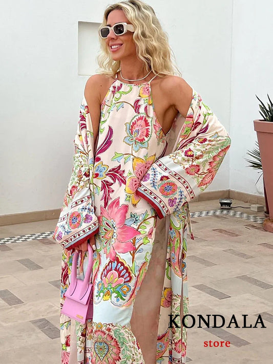 LVSANW KONDALA Beach Style Flower Print Long Cami Dress Women Straight Satin Sexy Holiday Dress Fashion 2024 Vintage Kimono Dress