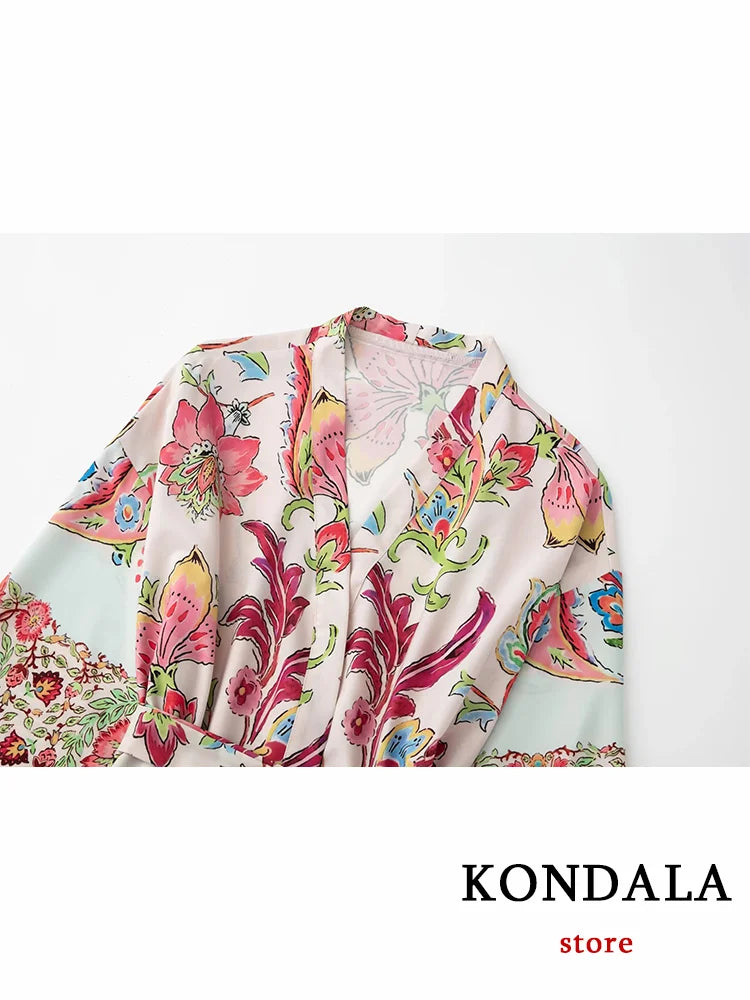 LVSANW KONDALA Beach Style Flower Print Long Cami Dress Women Straight Satin Sexy Holiday Dress Fashion 2024 Vintage Kimono Dress