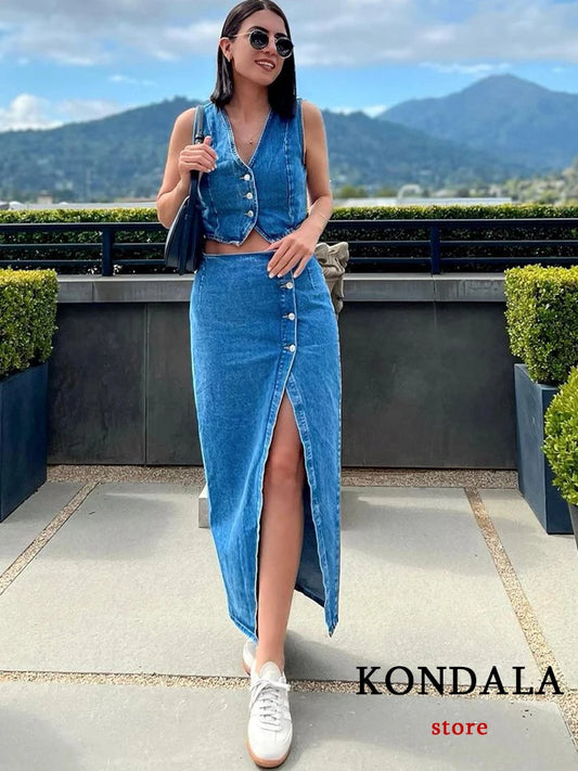 LVSANW KONDALA Casual Vintage Solid Denim Women Suit Single Breasted Sleeveless Vest Long Straight Split Skirt Fashion 2024 Summer Sets