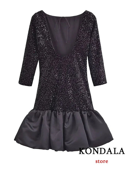 LVSANW KONDALA Sexy Black Sequined Ruffles Mini Party Dress Women Fashion 2024 Long Sleeve Shiny Backless Elegant Dress Evening Club