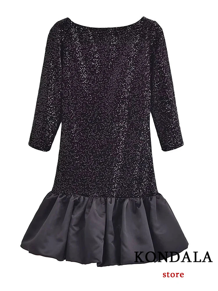 LVSANW KONDALA Sexy Black Sequined Ruffles Mini Party Dress Women Fashion 2024 Long Sleeve Shiny Backless Elegant Dress Evening Club