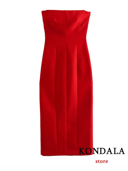 LVSANW KONDALA Sexy Chic Red Party Long Dress Women Strapless Pleated Back Split Summer Dress Fashion 2024 Elegant Corset Women Dress