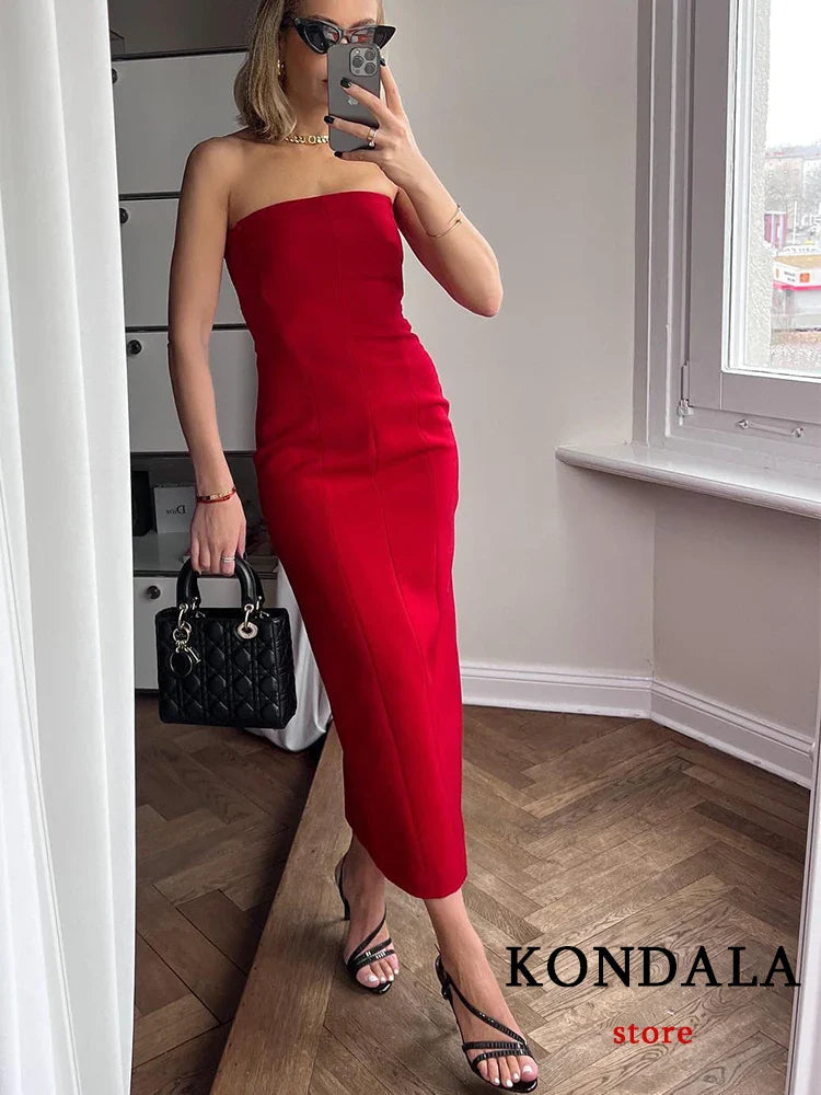 LVSANW KONDALA Sexy Chic Red Party Long Dress Women Strapless Pleated Back Split Summer Dress Fashion 2024 Elegant Corset Women Dress