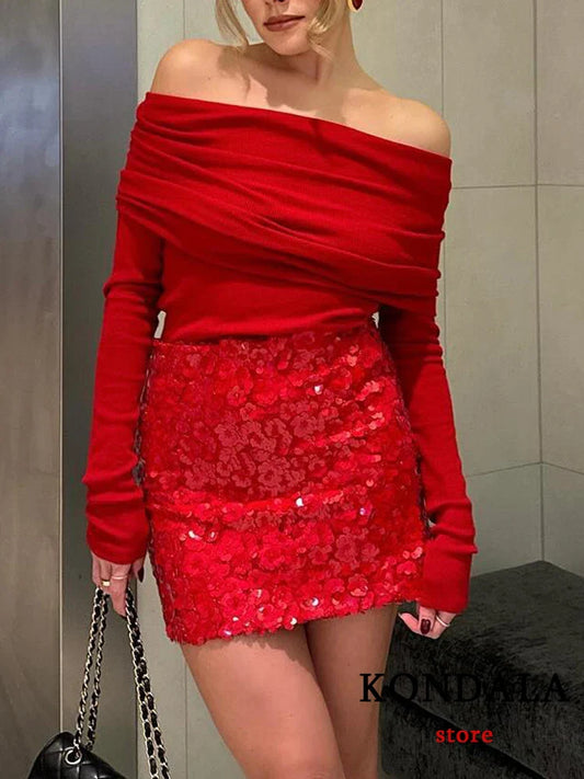 LVSANW KONDALA Sexy Chic Red Slash Neck Blouses Women Long Sleeve Pleated Slim Tops Fashion 2024 Spring Elegant Y2K Girl Tops