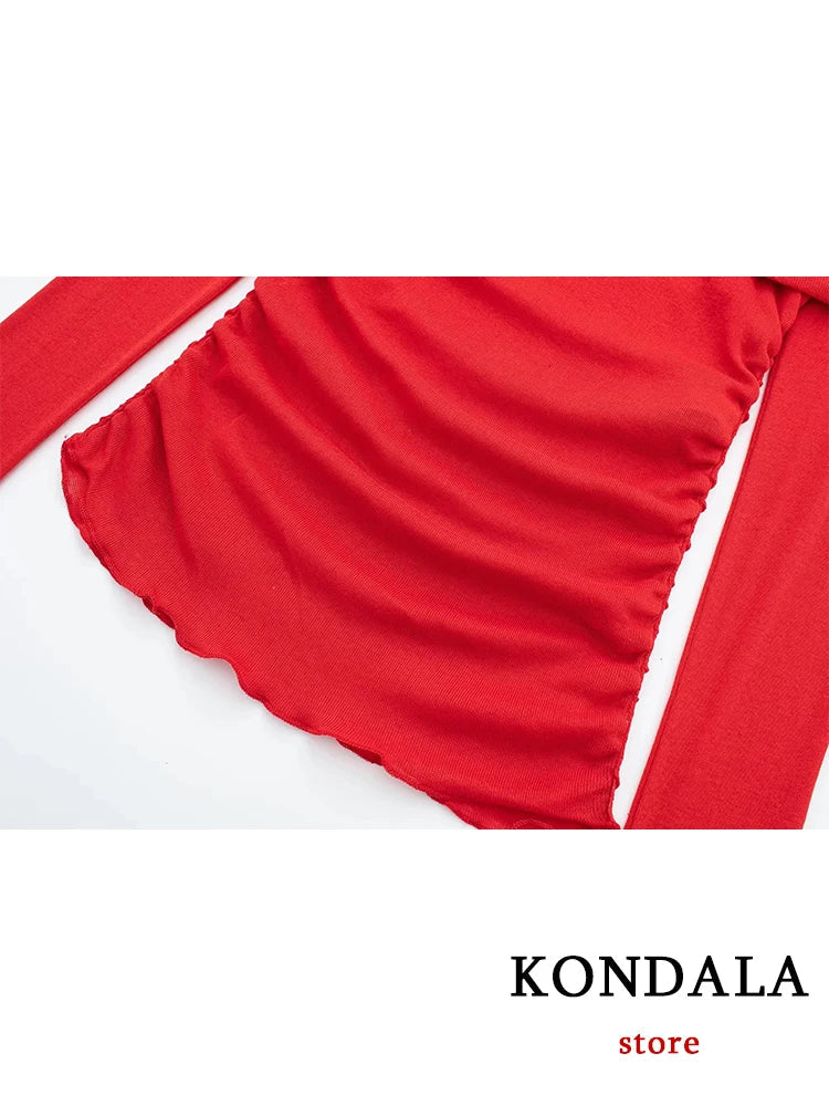 LVSANW KONDALA Sexy Chic Red Slash Neck Blouses Women Long Sleeve Pleated Slim Tops Fashion 2024 Spring Elegant Y2K Girl Tops