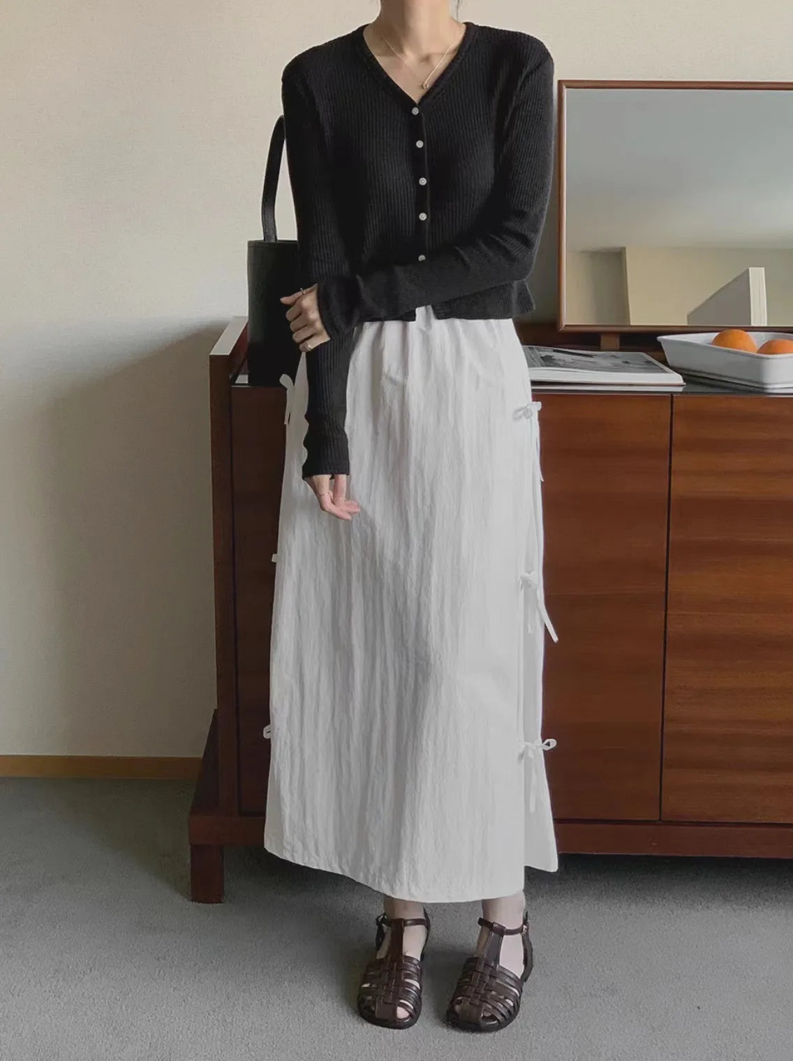 LVSANW KUSAHIKI Korean Chic Spring/Summer Bow Tie Half Skirt Women's Mid Length Split Long Skirts Faldas De Mujer