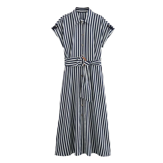 LVSANW Kar&Otza 2024 Summer New Fashion Stripe Polo Collar Curled Short Sleeves with Belt Slimming Midi Dress