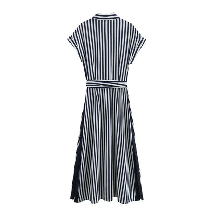 LVSANW Kar&Otza 2024 Summer New Fashion Stripe Polo Collar Curled Short Sleeves with Belt Slimming Midi Dress