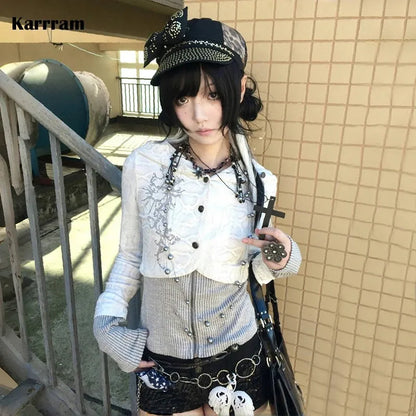 LVSANW Karrram Japanese Y2k Fake Two-piece Knitted Tops Trashy 2000s Hooded Jacket Vintage Harajuku Knitwear Grunge Aesthetics American