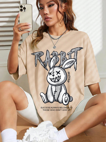 LVSANW Kawaii Rabbit Printed Tops Cotton T-Shirts For Womens Fashion Casual Soft Short Sleeve Loose Tees Comfortable Street Clothes