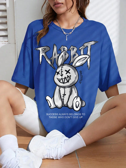 LVSANW Kawaii Rabbit Printed Tops Cotton T-Shirts For Womens Fashion Casual Soft Short Sleeve Loose Tees Comfortable Street Clothes