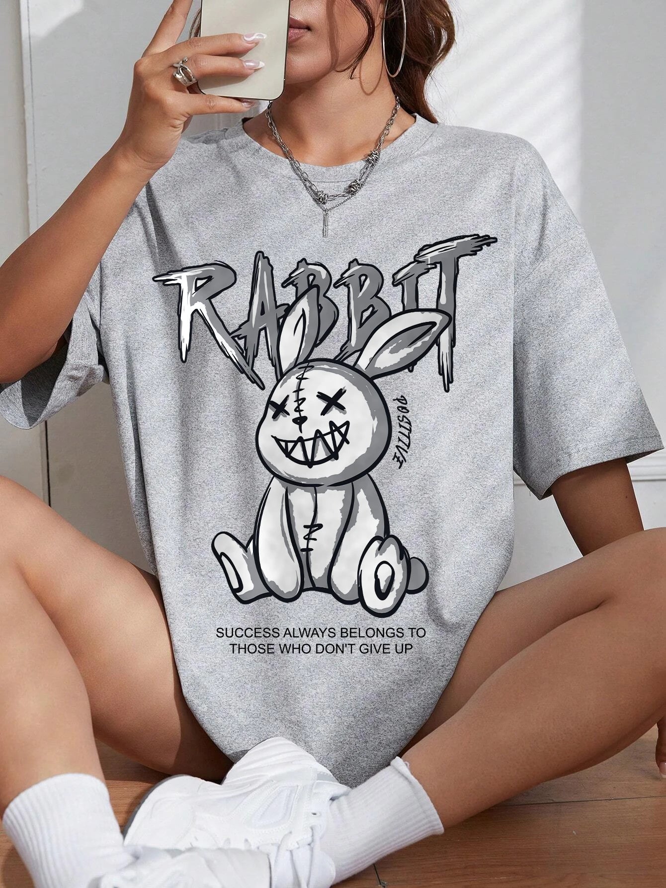 LVSANW Kawaii Rabbit Printed Tops Cotton T-Shirts For Womens Fashion Casual Soft Short Sleeve Loose Tees Comfortable Street Clothes