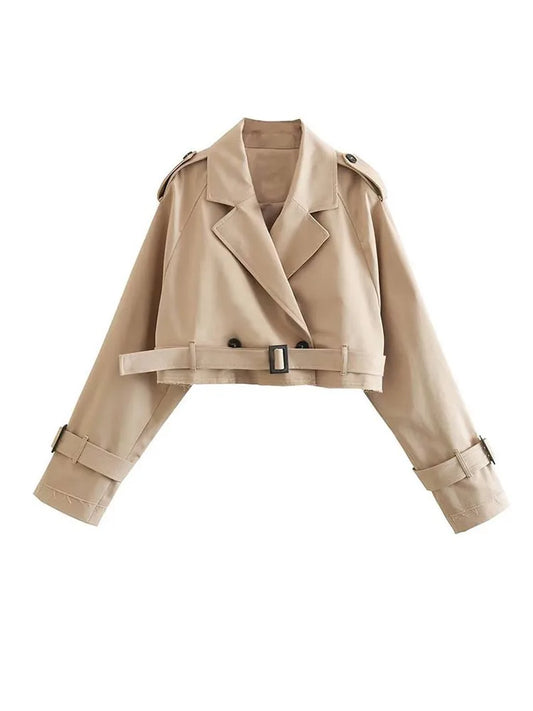 LVSANW Khaki Cropped Trench Women Long Sleeves Cropped Design Jacket Chic Lady High Street Casual Loose Coats Top Female 2024 New