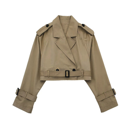 LVSANW Khaki Cropped Trench Women Long Sleeves Cropped Design Jacket Chic Lady High Street Casual Loose Coats Top Female 2024 New