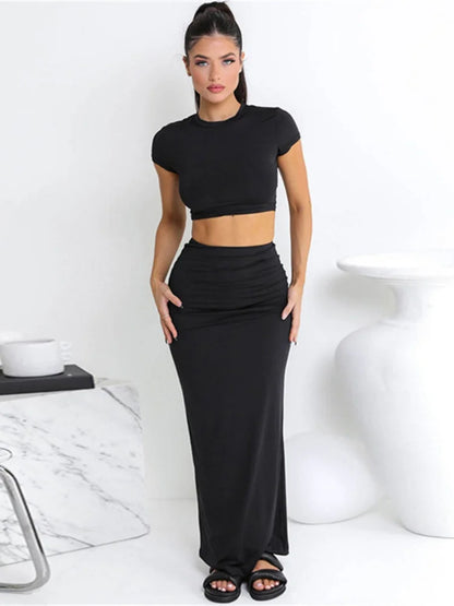 LVSANW liou Casual Solid Two Piece Set Women Hipster Short Sleeve O-neck T-shirts + Matching Hip Skirts Female Bare Midriff Streetwear