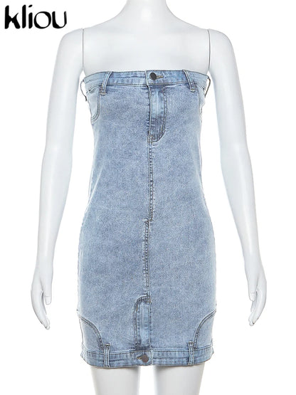 LVSANW Kliou Denim Fashion Mini Dress Women Summer Street Wrapped Chest Sleeveless With Buttons And Pockets Bodycon Female  Attirewear