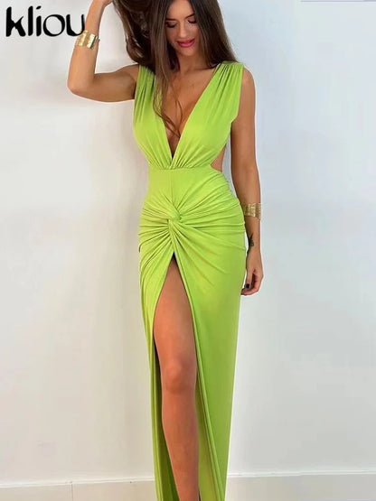 LVSANW Kliou Elegant Evening Style Maxi Dress Women Hipster Sexy Deep V-neck Backless Side Split Sleeveless Robe Female Party Clubwear