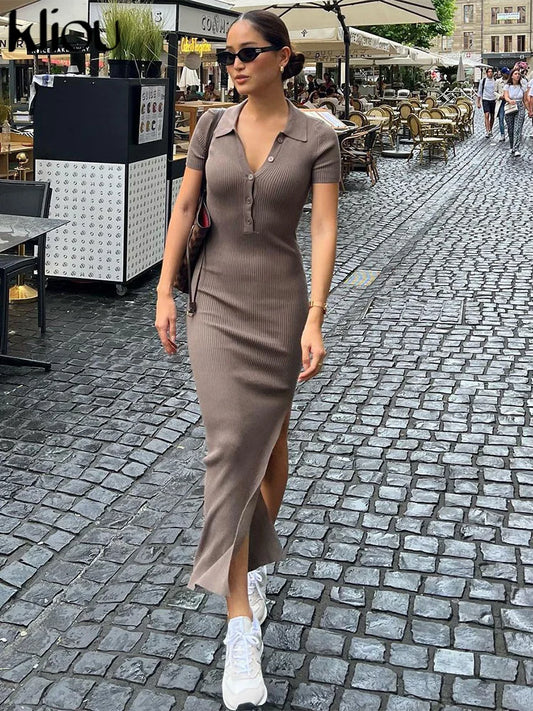 LVSANW Kliou Elegant Office Lady Maxi Dress Women Solid Fashion Turn-down Collar Short Sleeve Button Side Slit Body-Shaping Street Robe