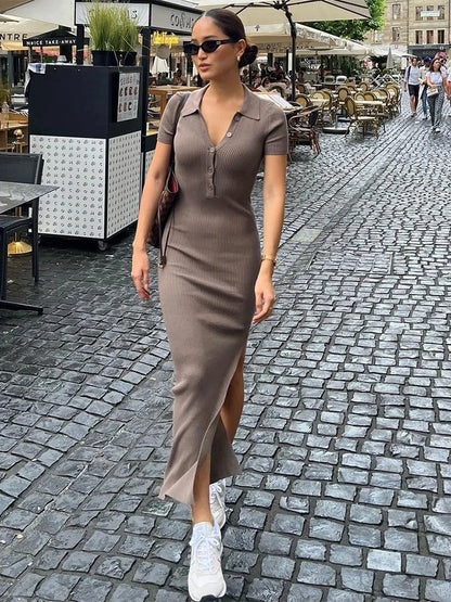 LVSANW Kliou Elegant Office Lady Maxi Dress Women Solid Fashion Turn-down Collar Short Sleeve Button Side Slit Body-Shaping Street Robe