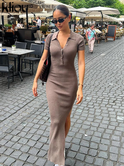 LVSANW Kliou Elegant Office Lady Maxi Dress Women Solid Fashion Turn-down Collar Short Sleeve Button Side Slit Body-Shaping Street Robe