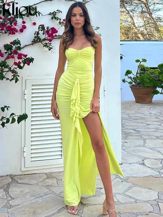 LVSANW Kliou Halter Ruched Maxi Dress Women Solid Bandage Sleeveless Patchwork Shirring Side Split Robe Female Concise Street Bodycon