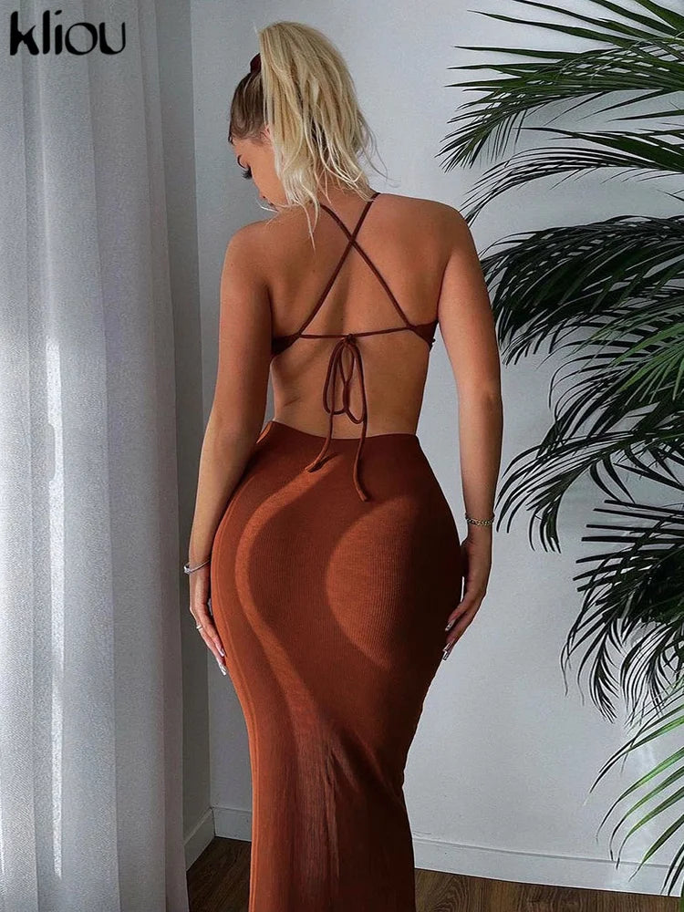 LVSANW Kliou Ribbed Lace up Maxi Dress Women Sexy Solid Sleeveless Backless Body-Shaping Cut Out Skirt Party Clubwear Female Vestidos