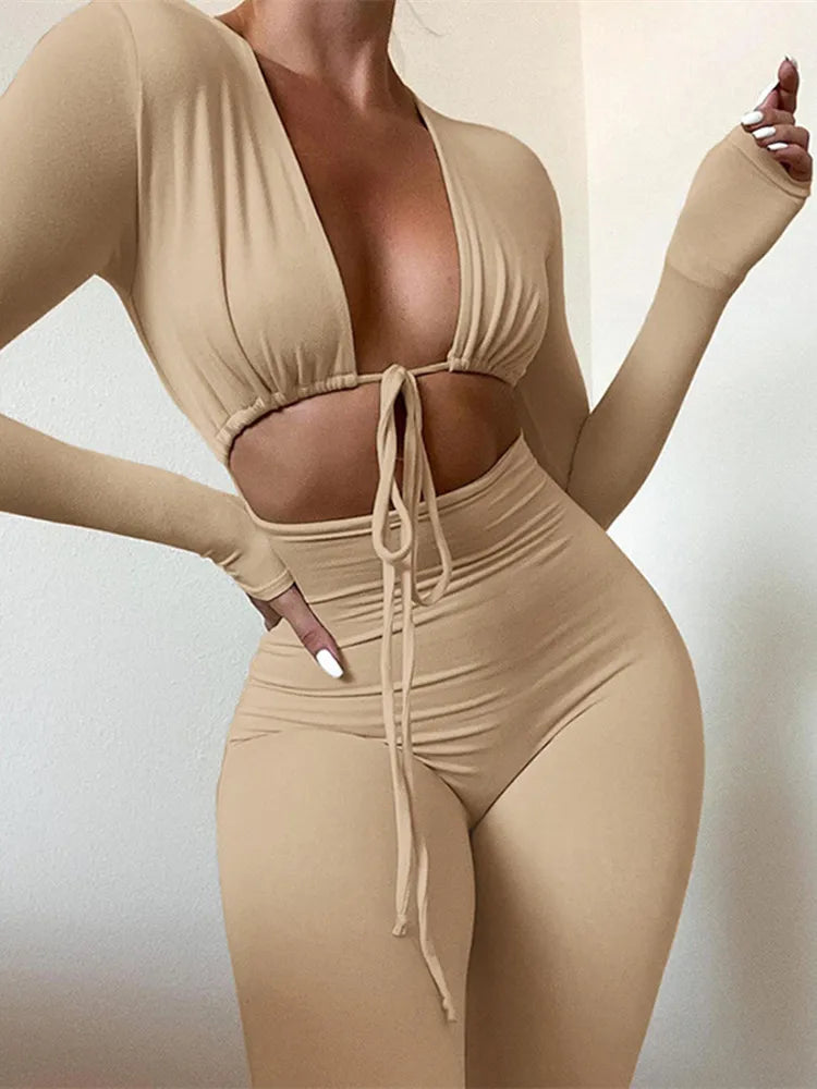 LVSANW Kliou Solid Jumpsuit Drawstring Cleavage Waist Out One Piece Overall Sexy  Body-Shaping Hipster Midnight Club Female Clothing