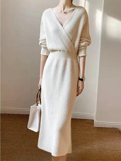 LVSANW Knit Dress Long Sleeve Slim Fit Frock Base Elegant Layer Sweater Skirt Autumn Winter Solid Color V-neck Outfits Commuting