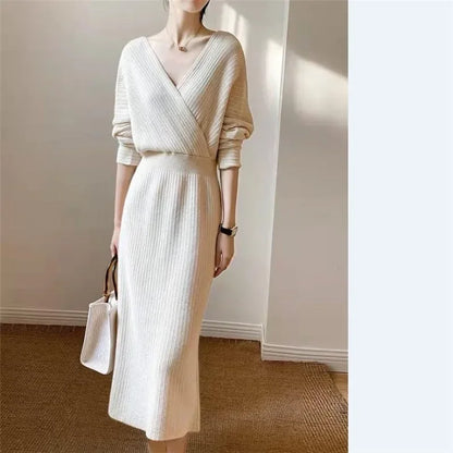 LVSANW Knit Dress Long Sleeve Slim Fit Frock Base Elegant Layer Sweater Skirt Autumn Winter Solid Color V-neck Outfits Commuting