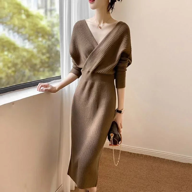 LVSANW Knit Dress Long Sleeve Slim Fit Frock Base Elegant Layer Sweater Skirt Autumn Winter Solid Color V-neck Outfits Commuting