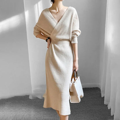 LVSANW Knit Dress Women V Neck Crisscross Elastic Waist Wrap Hip Dresses Slim Fit Full Sleeve Thick Vestidos Elegant Autumn 2025