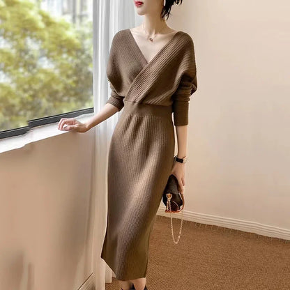 LVSANW Knit Dress Women V Neck Crisscross Elastic Waist Wrap Hip Dresses Slim Fit Full Sleeve Thick Vestidos Elegant Autumn 2025