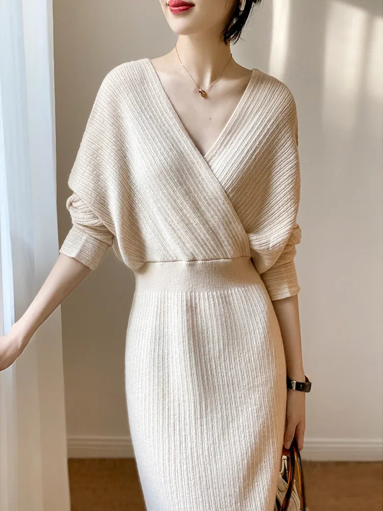 LVSANW Knit Dress Women V Neck Crisscross Elastic Waist Wrap Hip Dresses Slim Fit Full Sleeve Thick Vestidos Elegant Autumn 2025