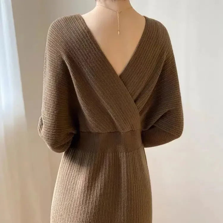 LVSANW Knit Dress Women V Neck Crisscross Elastic Waist Wrap Hip Dresses Slim Fit Full Sleeve Thick Vestidos Elegant Autumn 2025