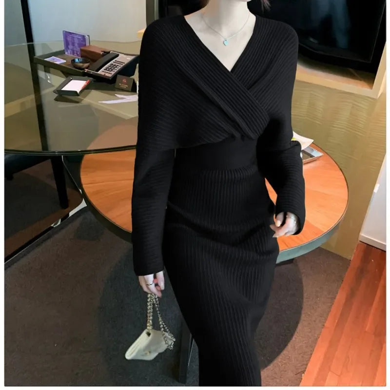 LVSANW Knit Dress Women V Neck Crisscross Elastic Waist Wrap Hip Dresses Slim Fit Full Sleeve Thick Vestidos Elegant Autumn 2025