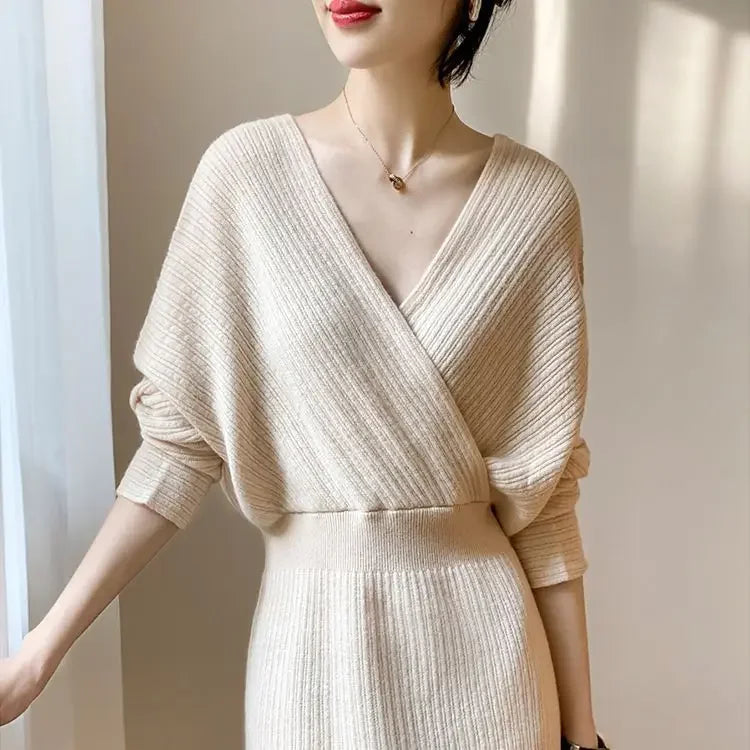 LVSANW Knit Dress Women V Neck Crisscross Elastic Waist Wrap Hip Dresses Slim Fit Full Sleeve Thick Vestidos Elegant Autumn 2025